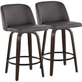 Toriano 26" Swivel Counter Stool in Walnut Glazed Wood & Grey Leatherette (Set of 2)
